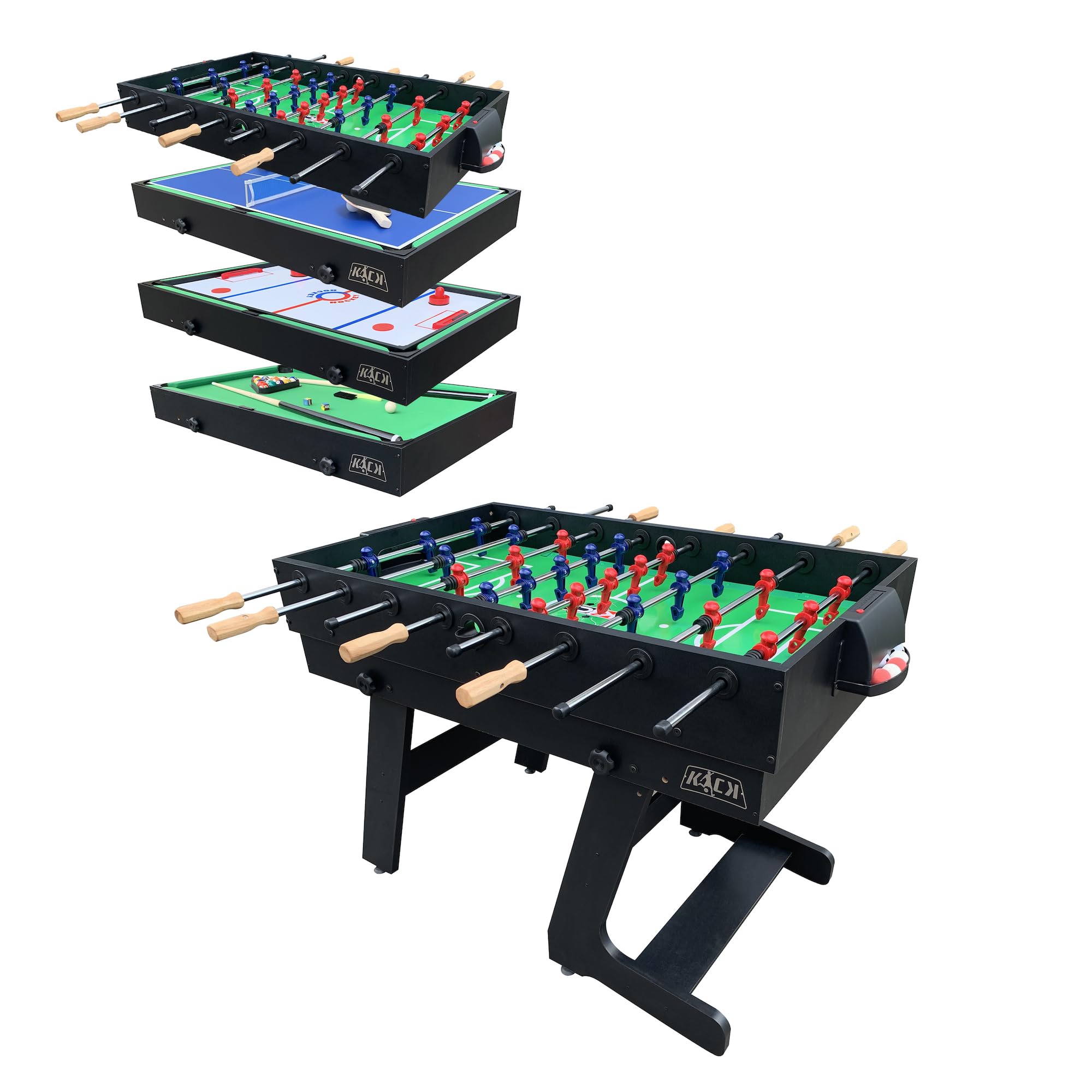 KICK Quatro 55" 4-in-1 Multi Game Table (Black) – Foosball, Billiards/Pool, Push Hockey & Ping Pong