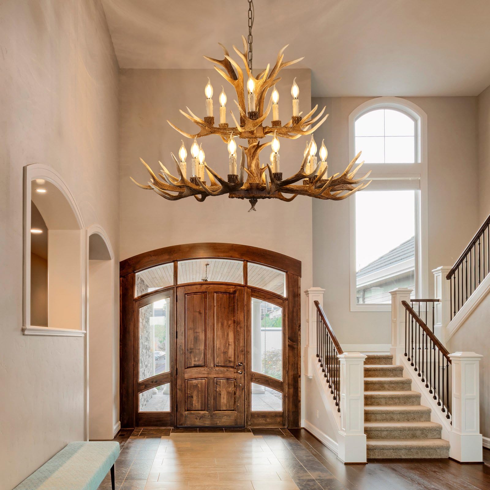 Fayelight Antler Chandelier Lighting,Large 2-Tier Deer Rustic Farmhouse Chandelier Light Fixtures for Dining Room Living Room Kitchen Island Bedroom Entryway Foyer (10+5 Lamp Arms + 3 Arms)