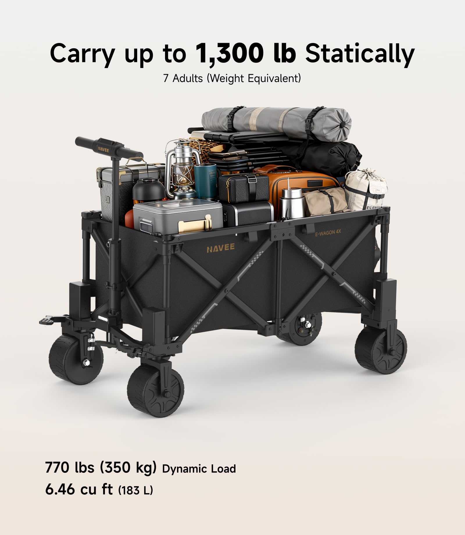 NAVEE 4X Electric Wagon Cart with Seat, 1300 lbs Static Load, 770 lbs Dynamic Load, 3000W Motor, 6.5" Wheels All-Terrain Heavy Duty Foldable Utility Cart for Shopping Camping Outdoor Film Production