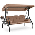 HOMREST 3 Seat Outdoor Porch Swing with Adjustable Canopy, Convertible Patio Swing Bed with Stand, Patio Glider Swing with Upgraded Cup Holder, Thicken Cushions ＆ Pillow for Backyard(Brown)