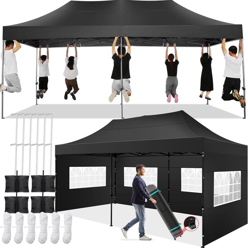 COBIZI 10x20 Pop up Canopy Tent 10x20 Canopy with 6 Sidewalls Waterproof Heavy Duty Commercial Canopy Tent for Parties Outdoor Garden Gazebo, Carry Bag with Wheel(10x20ft,Space Black)