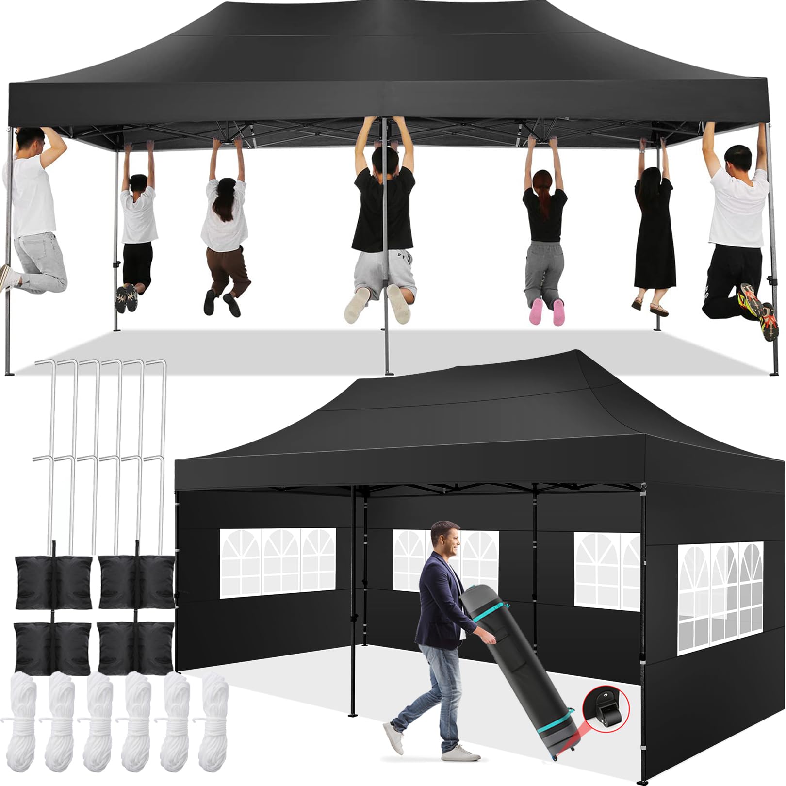 COBIZI 10x20 Pop up Canopy Tent 10x20 Canopy with 6 Sidewalls Waterproof Heavy Duty Commercial Canopy Tent for Parties Outdoor Garden Gazebo, Carry Bag with Wheel(10x20ft,Space Black)