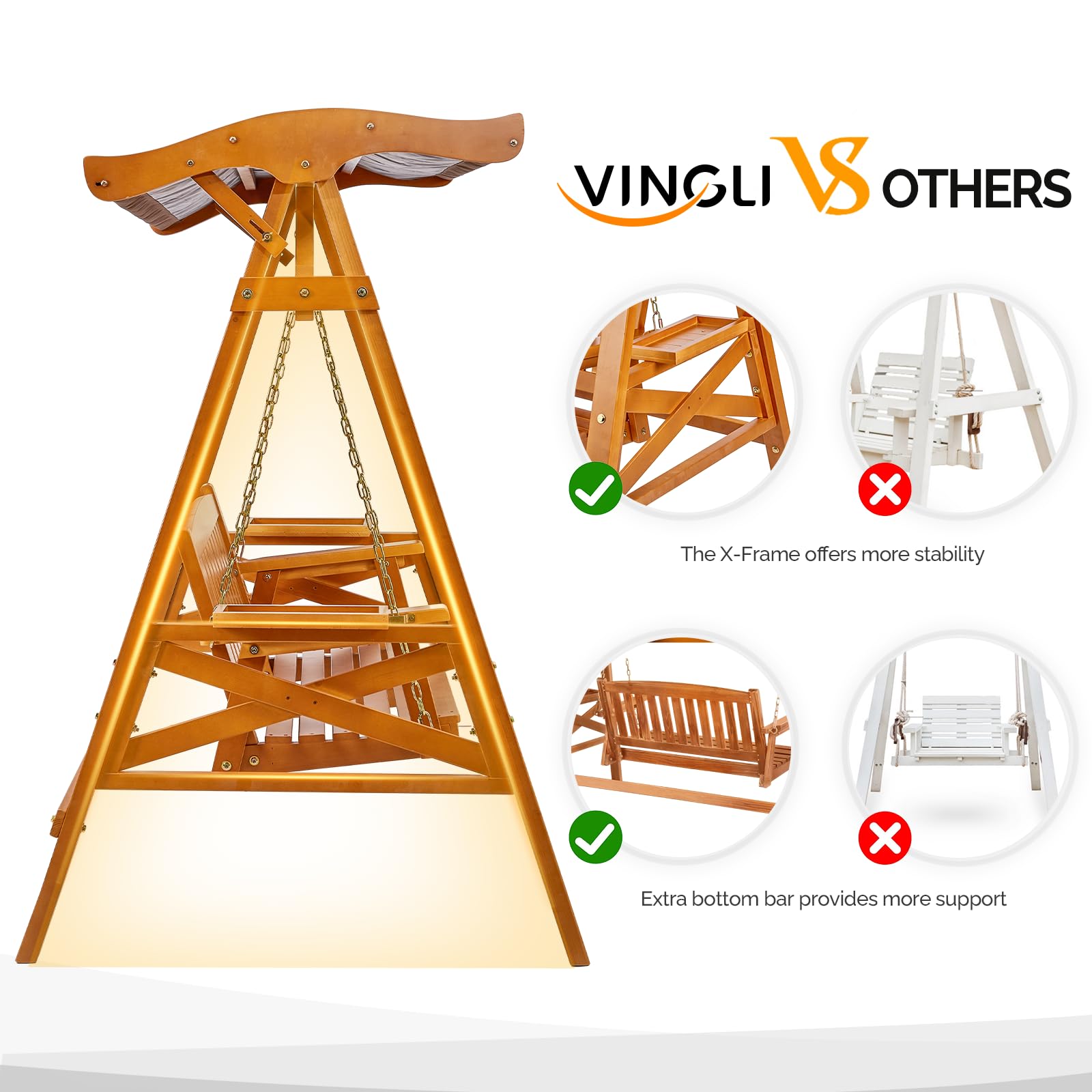VINGLI Porch Swing with Stand, Porch Swing with Canopy, Waterproof Patio Swing with Cup Holder, Outdoor Swing Set for Garden, Yard, Patio, Teak