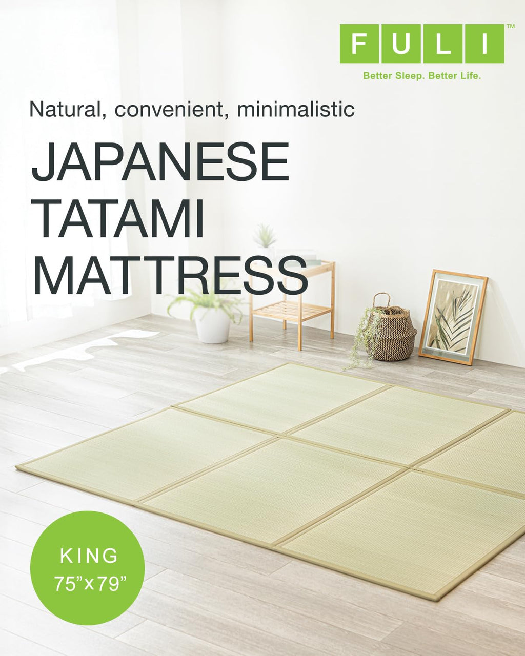 FULI Japanese Tatami Mattress, Foldable Igusa Rush Grass Tatami Rug, Natural Japanese Floor Mattress Mat Made in Japan, King