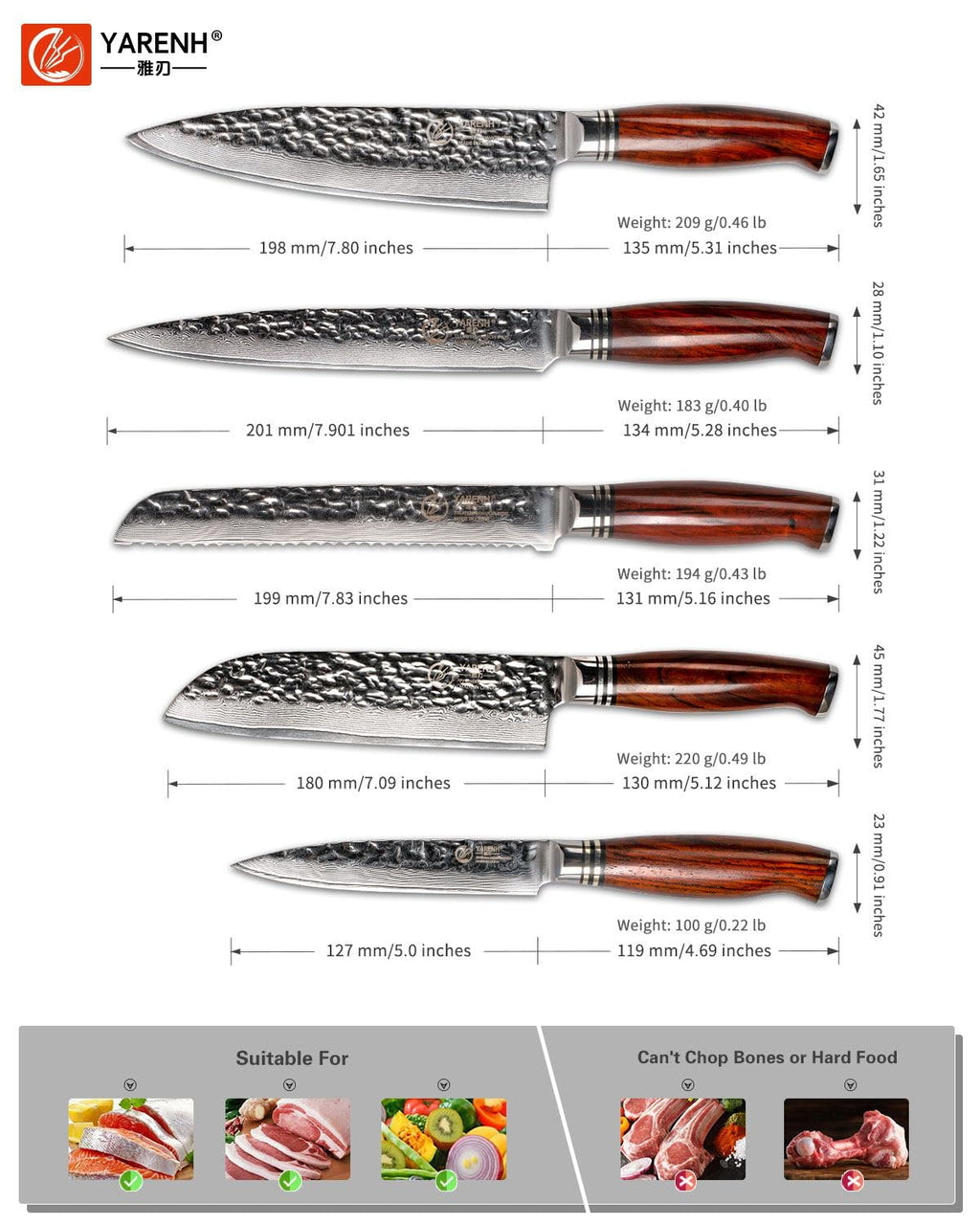 YARENH Chef Knife Set without Block, 5 Piece Professional Sharp Kitchen Knives,Damascus Stainless Steel, 73 Layers, Full Tang, Dalbergia Wood Handle, HTT Series