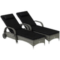Outsunny Wicker Outdoor Chaise Lounge Set of 2, 5-Level Adjustable Backrest PE Rattan Pool Lounge Chair with Wheels, Cushion & Headrest, Mixed Gray and Charcoal Black