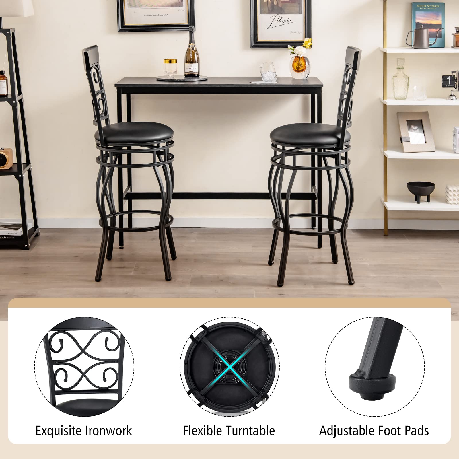 COSTWAY Bar Stools Set of 4, 360 Degree Swivel, 30" Bar Height Bar stools, with Leather Padded Seat Bistro Metal Vintage Chairs with Back for Kitchen Island, Pub (Set of 4)