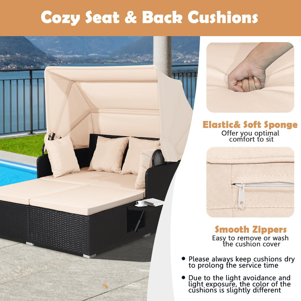 Tangkula Patio Rattan Daybed with Retractable Canopy, Outdoor Wicker Sunbed Lounger with 2 Foldable Side Tables, Thick Seat & Back Cushions, Outside Double Daybed for Garden, Backyard, Porch
