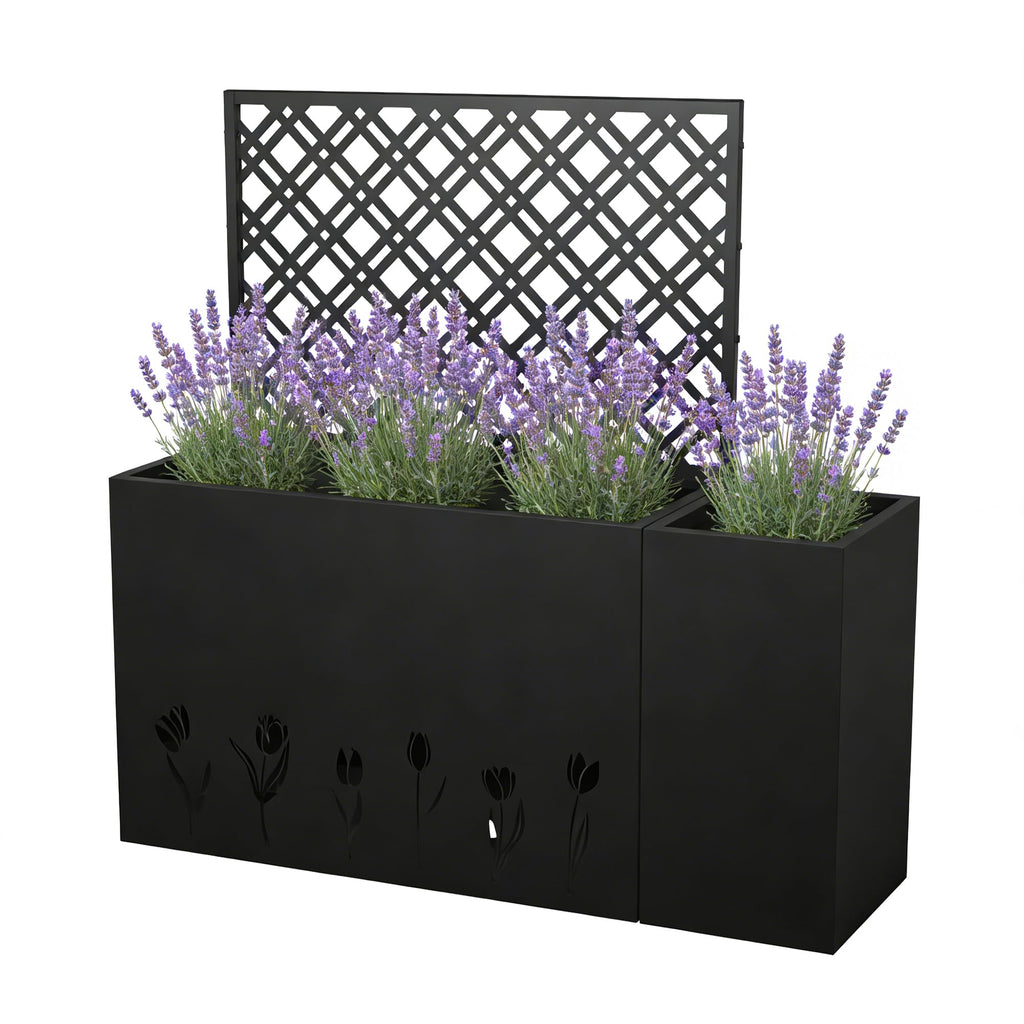 Pasirou 2-Piece Metal Planter Box with Trellis- 23.6in Depth Raised Garden Bed for Outdoor Indoor Use, Galvanized Steel Flower Planter with Drainage Holes
