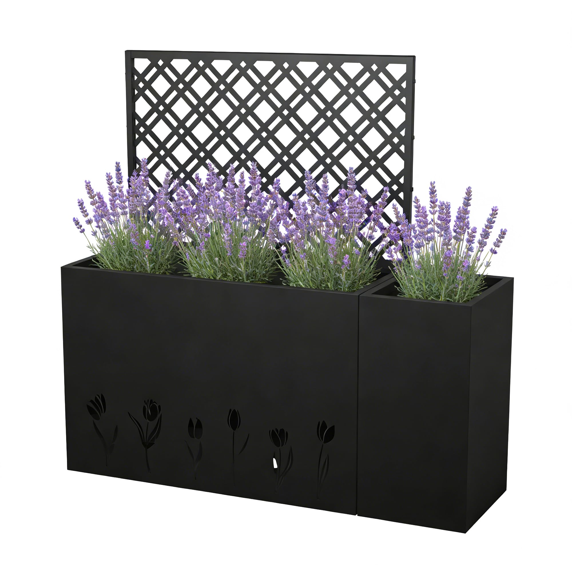 Pasirou 2-Piece Metal Planter Box with Trellis- 23.6in Depth Raised Garden Bed for Outdoor Indoor Use, Galvanized Steel Flower Planter with Drainage Holes