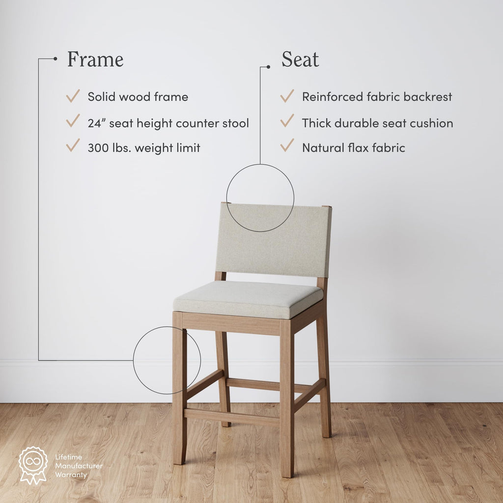 Nathan James Linus Modern Upholstered Counter Height Bar Stool with Back and Solid Rubberwood Legs in a Wire-Brushed Light Brown Finish, Natural Flax/Brown, Set of 4