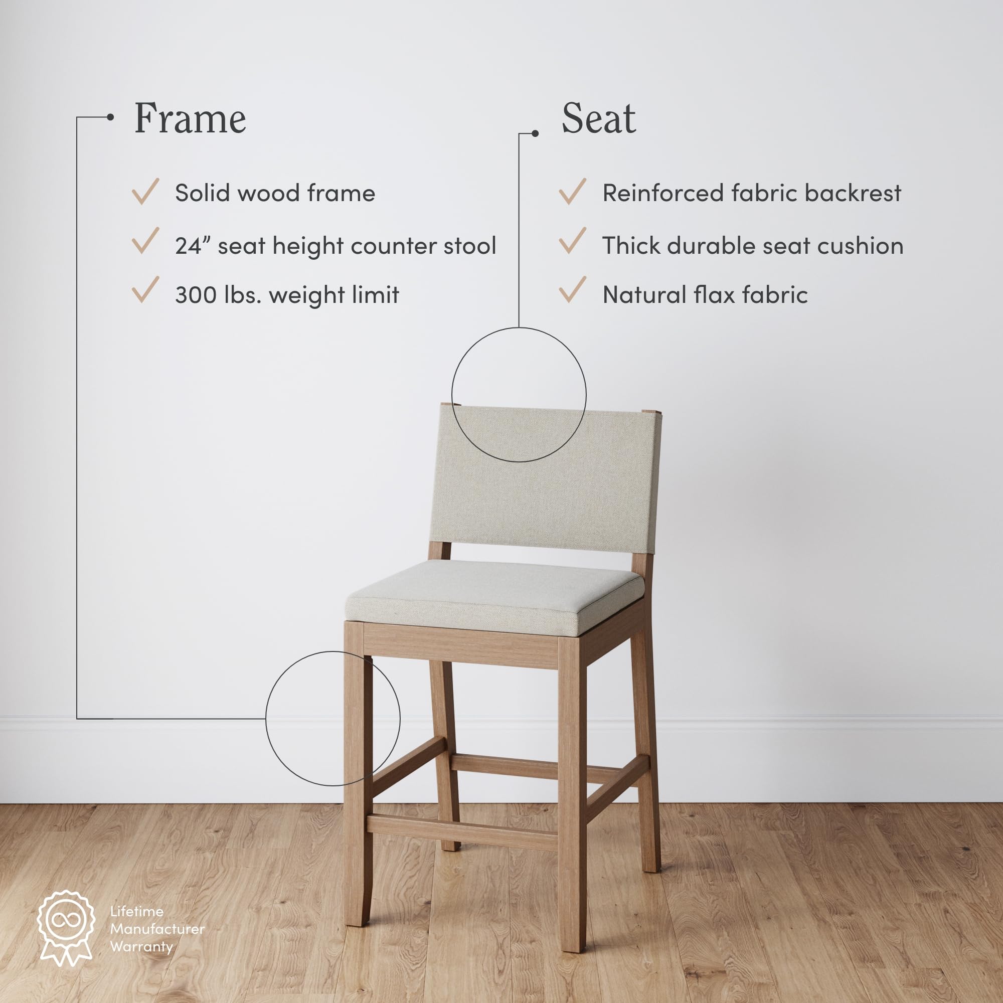 Nathan James Linus Modern Upholstered Counter Height Bar Stool with Back and Solid Rubberwood Legs in a Wire-Brushed Light Brown Finish, Natural Flax/Brown, Set of 4
