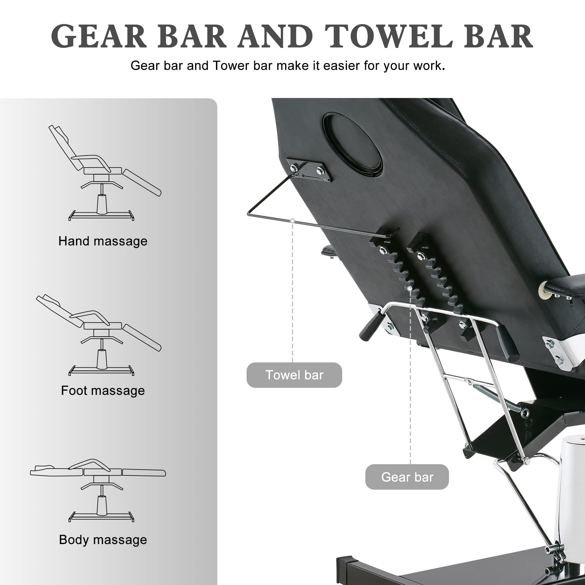 BarberPub Hydraulic Massage Bed Height Adjustable Tattoo SPA Chair Multi-Functional Facial Table Beauty Equipment for Salon 2753 (Black) (Black)