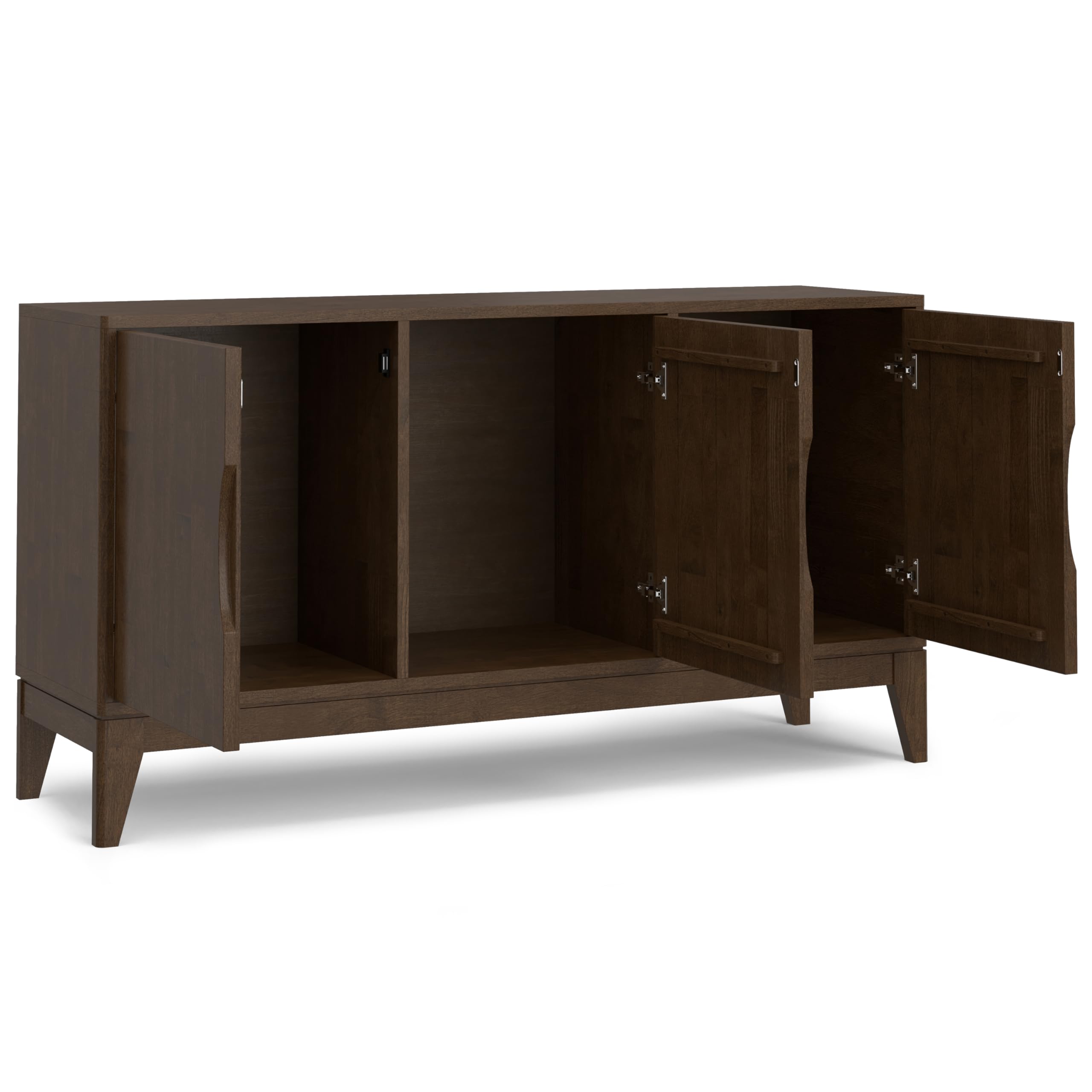 SIMPLIHOME Harper Buffet - 60 inch Wide Solid Wood 3-Door Sideboard Buffet in Walnut Brown, Mid-Century Modern Cabinet for Dining Room or Kitchen with Adjustable Shelves and Tapered Legs