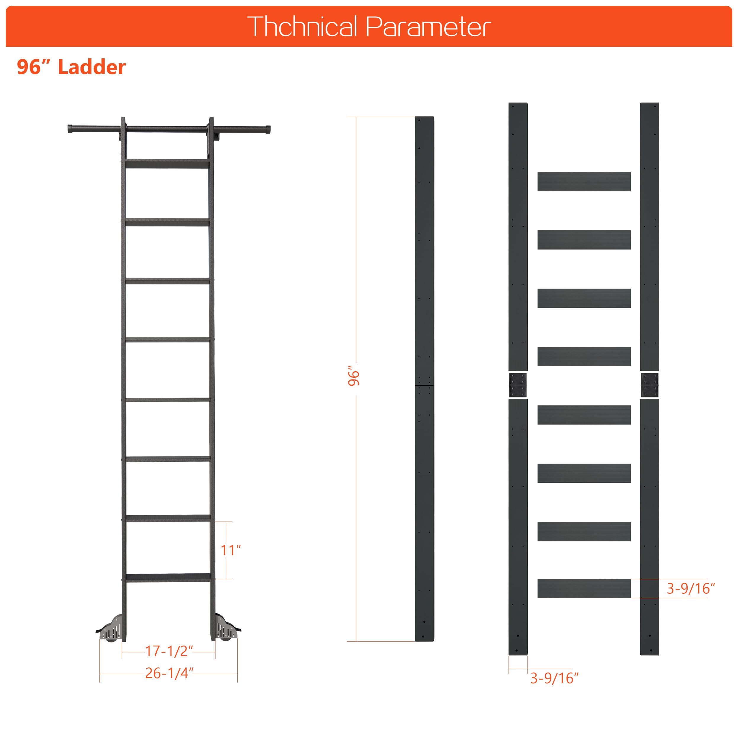 DIYHD 96" Sliding Library Ladder with 8 Steps, Telescopic Top Hook, Lightweight Rolling Ladder with Upright Space-Saving Storage, Kit with 4FT Sliding Rail, Bottom Rollers, 300lbs Capacity, Black
