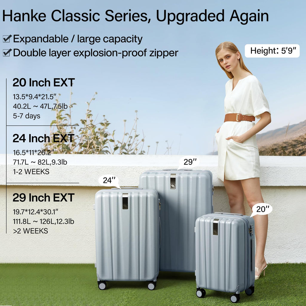 Hanke 29 Inch Expandable Checked Luggage Lightweight PC Hard Shell Luggage Suitcases with Wheels Travel Luggage Rolling Large Suitcase Travel Luggage Bag for Study Abroad.(Gray)