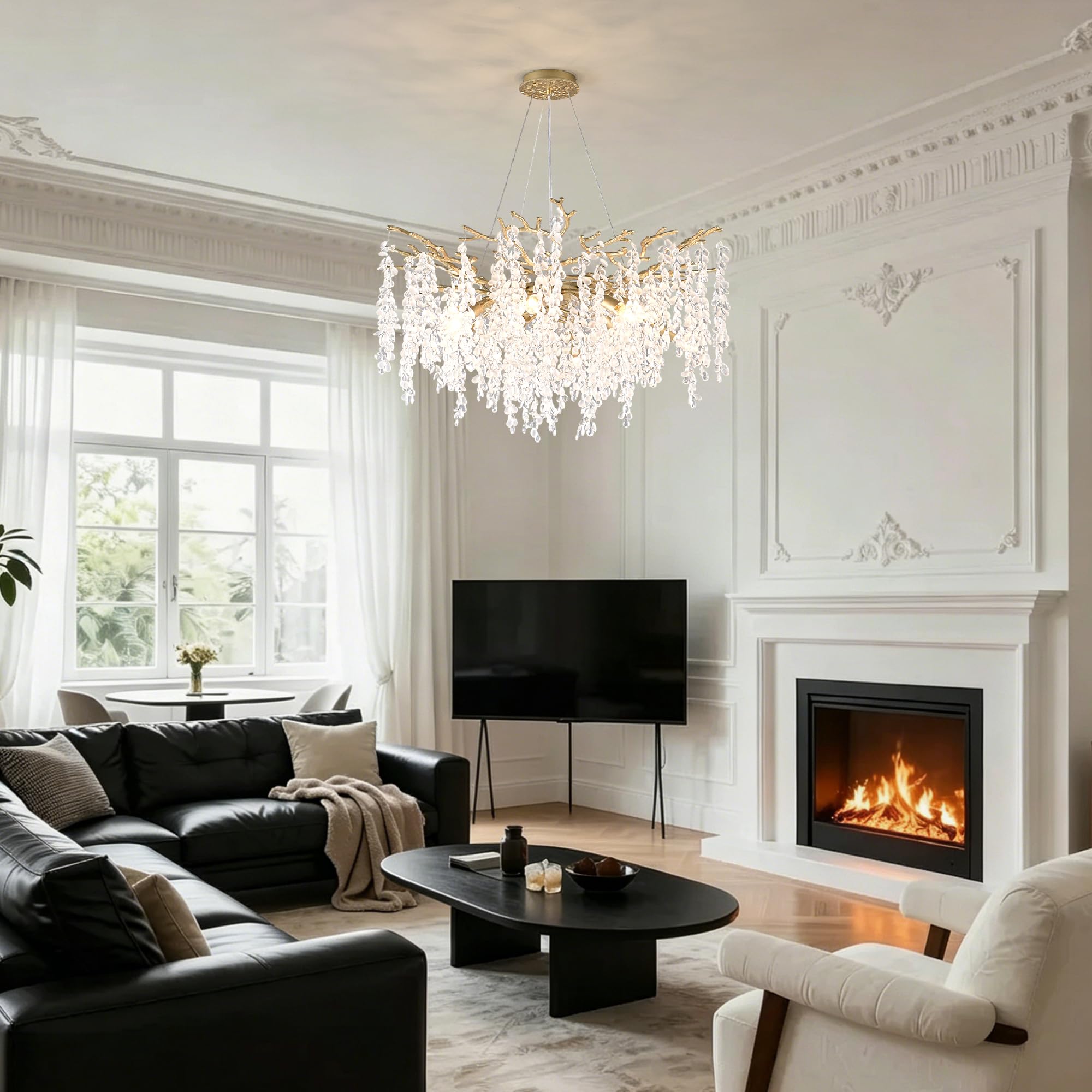32 inch 10 Light Gold Crystal Chandelier, Grape-Shaped Sparkling Cluster Pendant Light, Easy DIY Installation, Adjustable Height Modern Luxury Ceiling Light for Dining Room Living Room Foyer Entryway