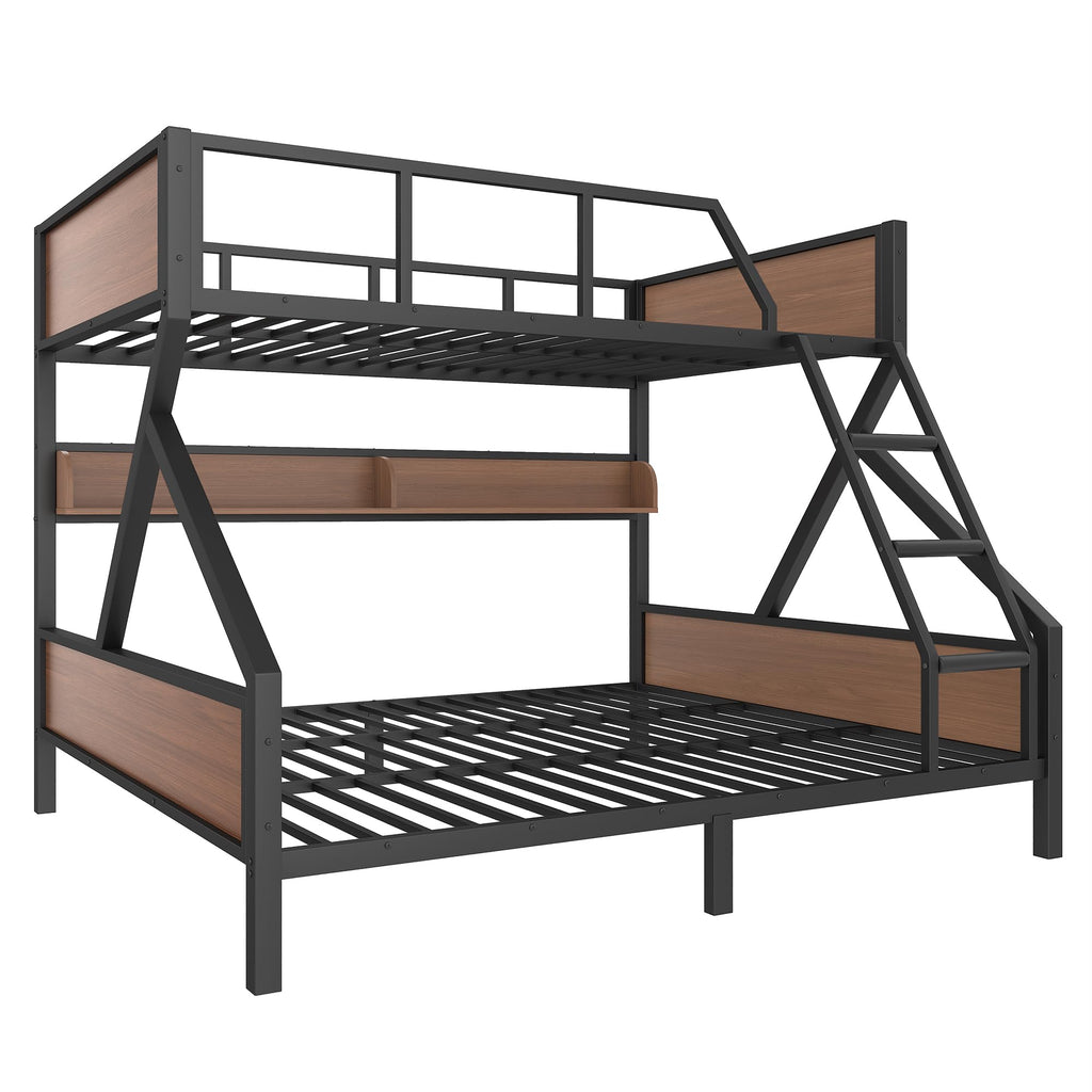 Bellemave Queen Over King Bunk Bed with Storage Shelf & LED Lights, Heavy Duty Metal Bunk Bed Frame with Guardrails & Ladder, No Box Spring Needed, Black