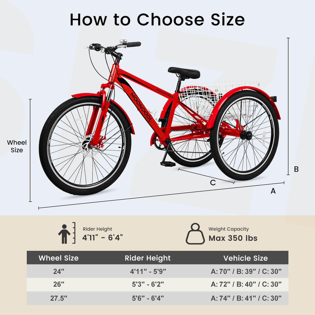 EOYOBIKE 7-Speed Adult Mountain Tricycle, 24/26/27.5 Inch 3-Wheel Bike for Seniors, Men's and Women's Trike with Large Rear Basket for Exercise & Shopping