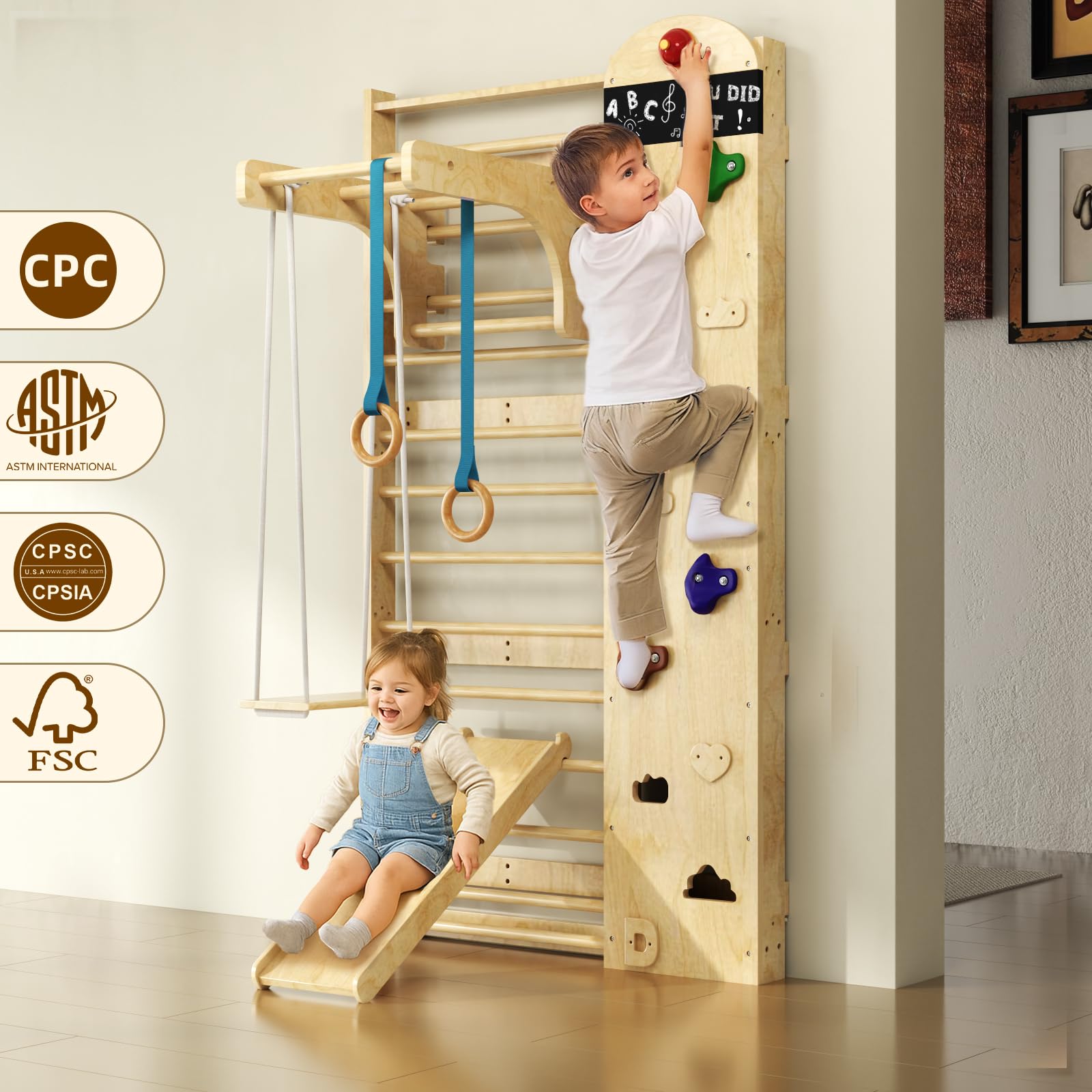Swedish Ladder 7-in-1, Indoor Wooden Playground, Rock Climbing Wall for Kids and Adults, Kids Indoor Playset, Wooden Jungle Gym, for All Levels and Abilities
