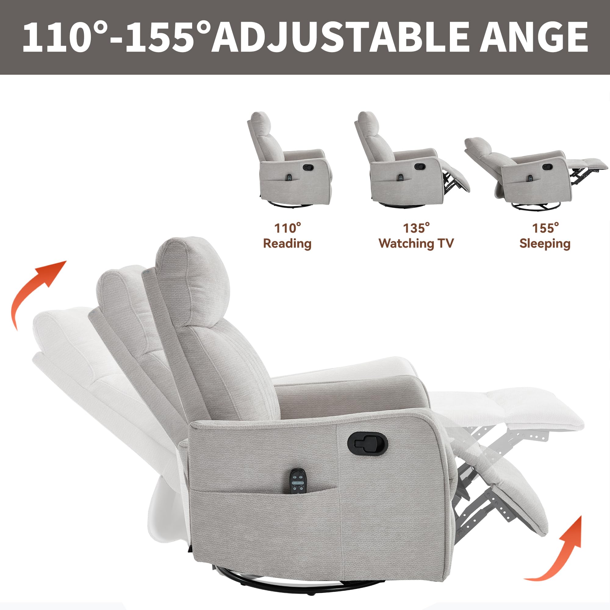 KEIKI 4-in-1 Manual Swivel Rocker Recliner Chair for Living Room, Chenille Nursery Glider Rocking Chairs with Back Massager & Heat, Comfortable Reading Chair Modern Bedroom Furniture, Light Grey