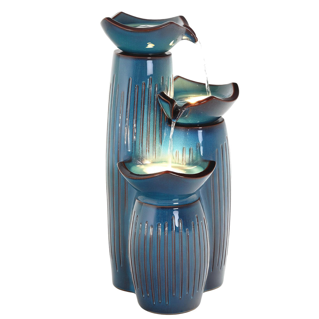 Autodaya 30" H Ceramic Outdoor Water Fountain with LED Lights, 3-Tier Cascading Lotus Bowls Water Feature, Soothing Cascading Waterfall for Garden, Patio, Yard, Turquoise Vertical Striped Texture