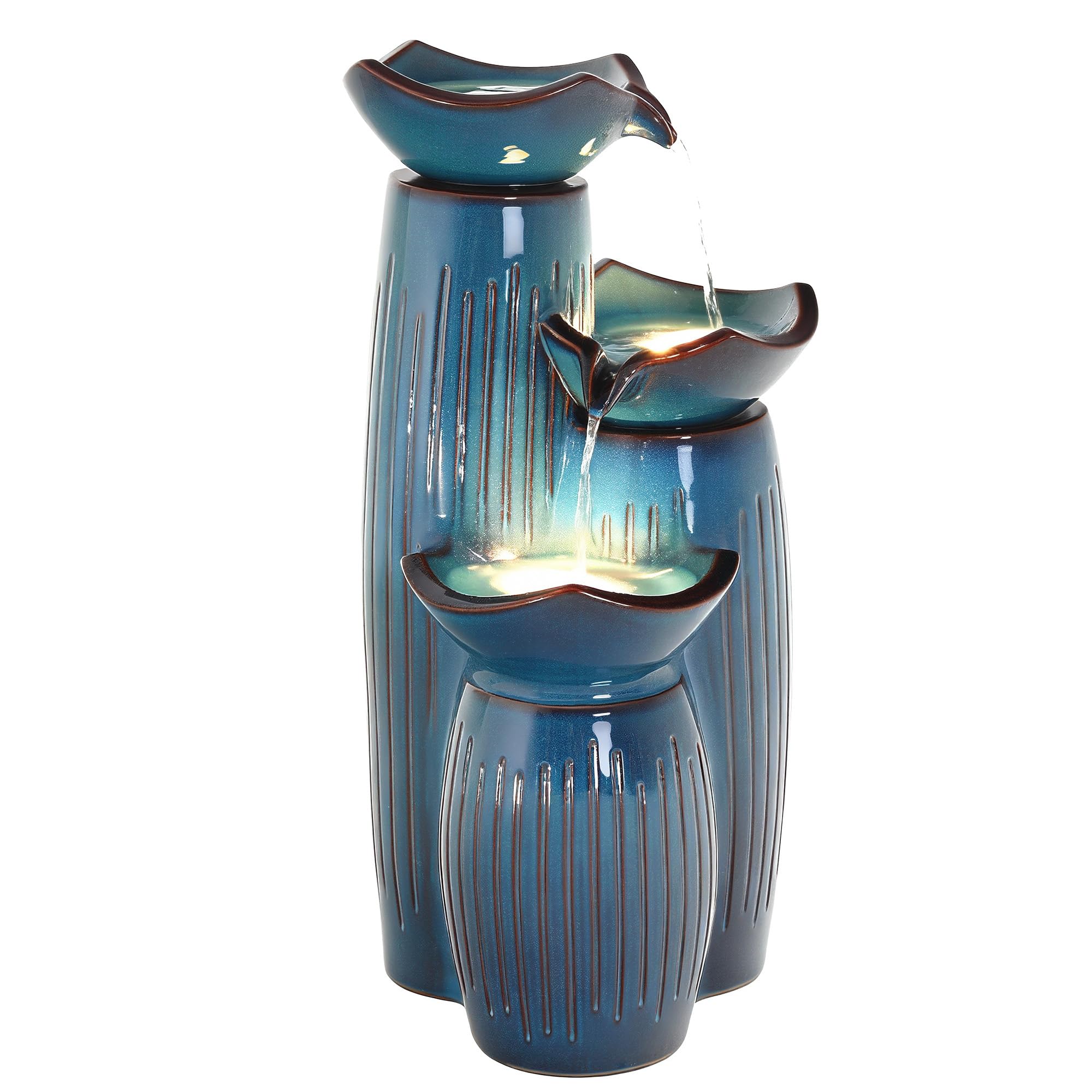 Autodaya 30" H Ceramic Outdoor Water Fountain with LED Lights, 3-Tier Cascading Lotus Bowls Water Feature, Soothing Cascading Waterfall for Garden, Patio, Yard, Turquoise Vertical Striped Texture