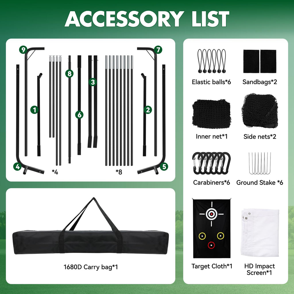 10x8FT Golf Practice Net with 2 Net Side Barriers Outdoor Indoor Golfs Hitting Net with HD Impact Screen Kit for Backyard Home Easy Set up Golf Training for Garage