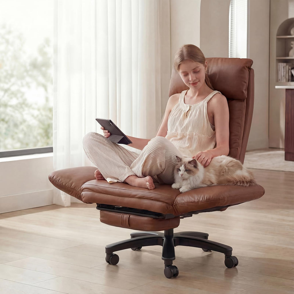 JULYMON Cross Legged Office Chair with Pets Friendly Seat, Plus Size Criss Cross Desk Chair, Big and Tall Office Chair with Foot Rest, Reversible Armrests & Wide Seat, Brown