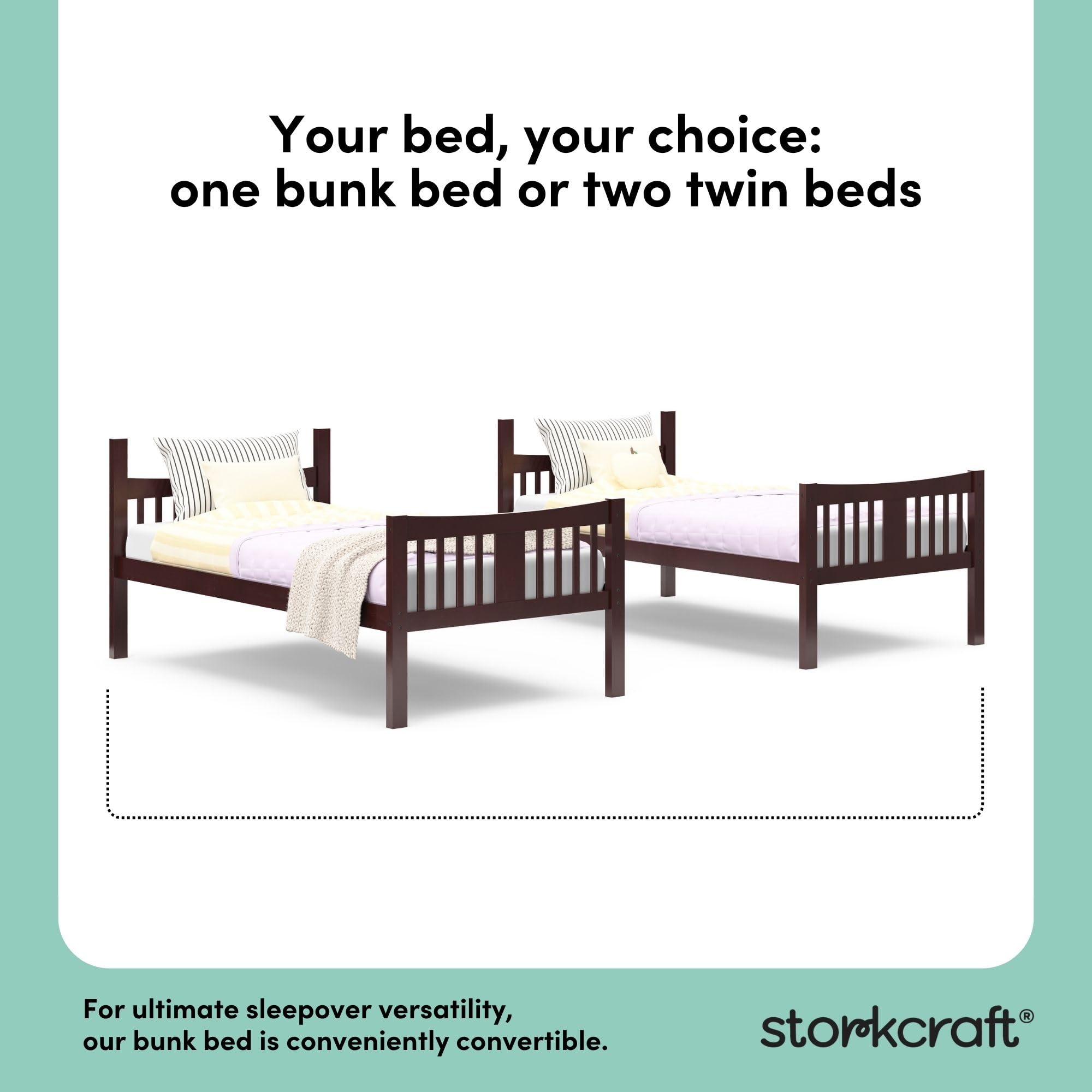 Storkcraft Caribou Bunk Bed Twin Over Twin Bunk Bed (Espresso) - GREENGUARD Gold Certified, Twin Bunk Beds for Kids, Converts to 2 Individual Twin Beds, Bunk Beds for Kids