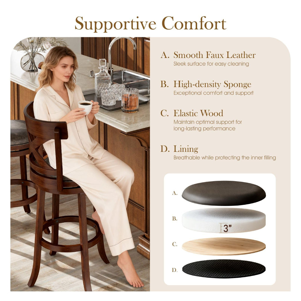 Sophia & William Swivel Bar Stools Set of 4, 30 Inch Bar Height Barstools with Cross Back & Solid Wood Legs,Faux Leather Kitchen Stools, Brown