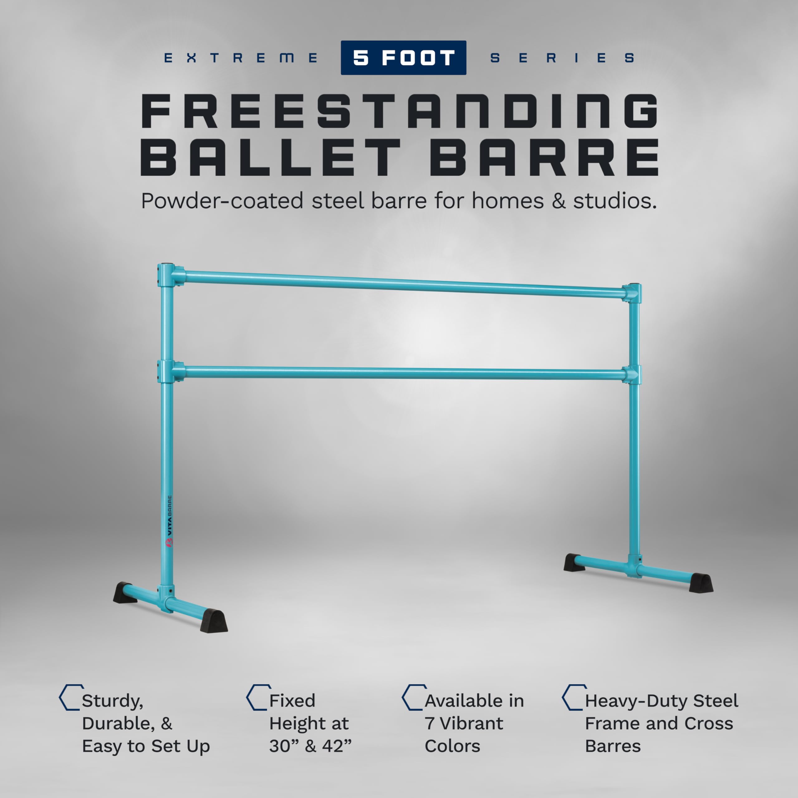 VITA Barre Portable Freestanding Double Ballet Barre, Prodigy, 6 Ft Bars, Teal | Adjustable Height, USA Made, Home or Gym Exercise Equipment for Kids & Adults | Dance, Fitness, Pilates