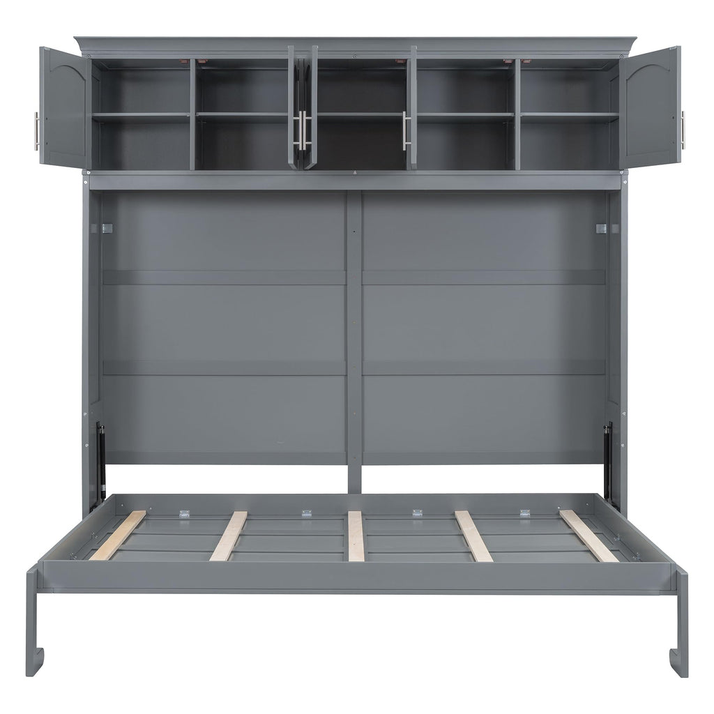 Merax Modern Murphy Cabinet Bed with Top Cabinets, Solid Wood Wall Platform Bed/No Box Spring Needed/Easy Assemble Full,Gray