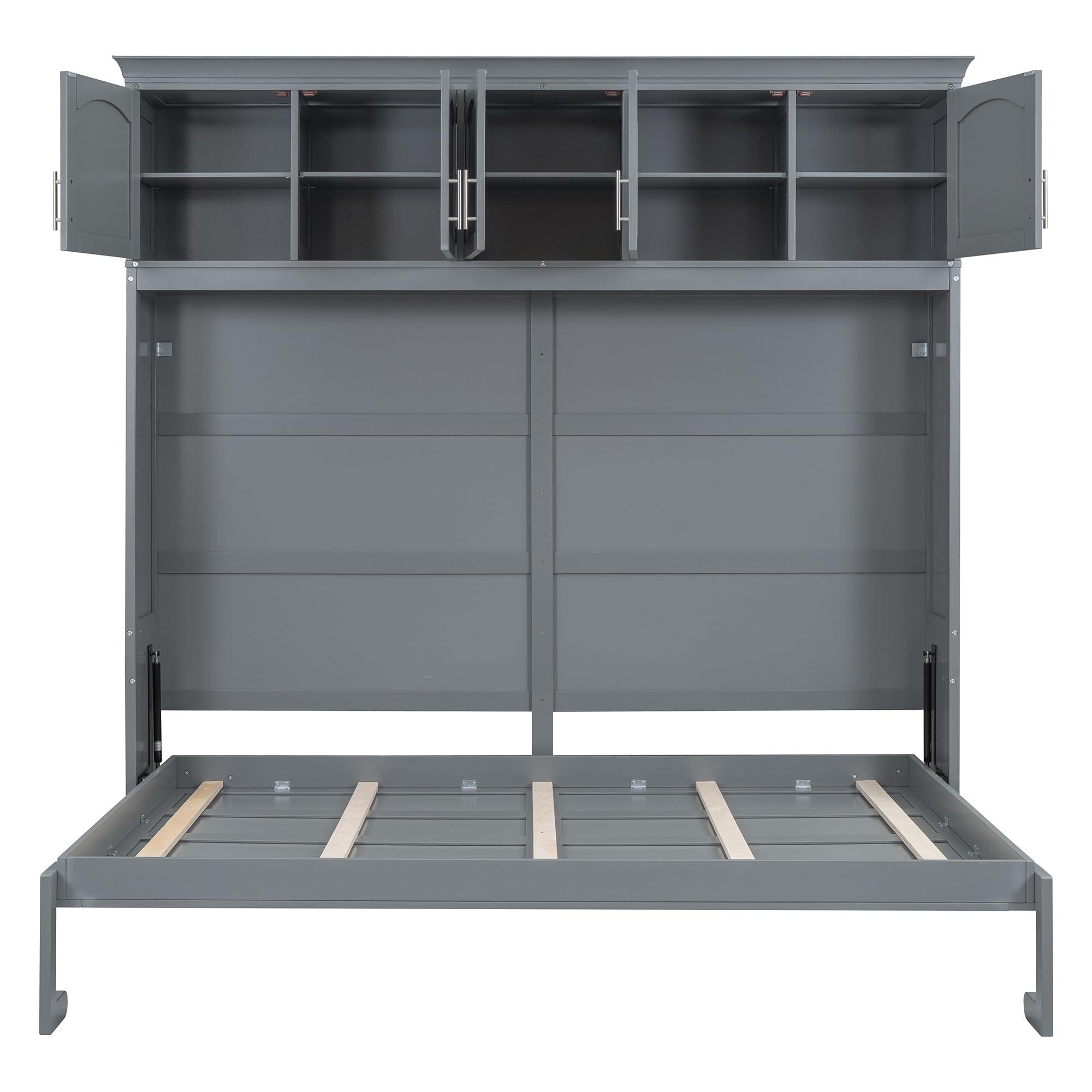 Merax Modern Murphy Cabinet Bed with Top Cabinets, Solid Wood Wall Platform Bed/No Box Spring Needed/Easy Assemble Full,Gray