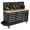 61 Inch Rolling Tool Chest, 10 Drawers Garage Workbench Storage Tool Cabinet with Rubber Wood Top, 1675 LBS, Power Strip, Locking System, Drawer Liners for Garage, Warehouse and Repair Shop, Black