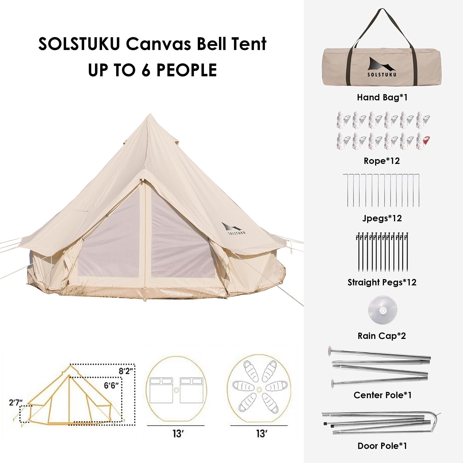 SOLSTUKU SOLSTUKUCanvas Tent Bell, Yurt 4 Seasons for Camping with Stove Jack, Breathable Holds up to 6 People, Family Camping Outdoor Hunting Party