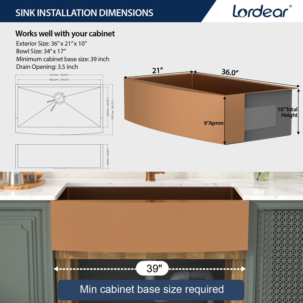 Lordear 36 inch Farmhouse Kitchen Sink Undermount Sink Matte Bronze 16 Gauge Stainless Steel Deep Single Bowl Burshed Rose Gold Farm Sink With Accessories