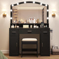 Garvee Vanity Desk with LED Lights and Storage, 10 Adjustable LED Mirror, 3 Drawers, 2 Cabinets, Charging Station AC/USB, Includes Stool, Dressing Table for Women/Girls Bedroom, Black