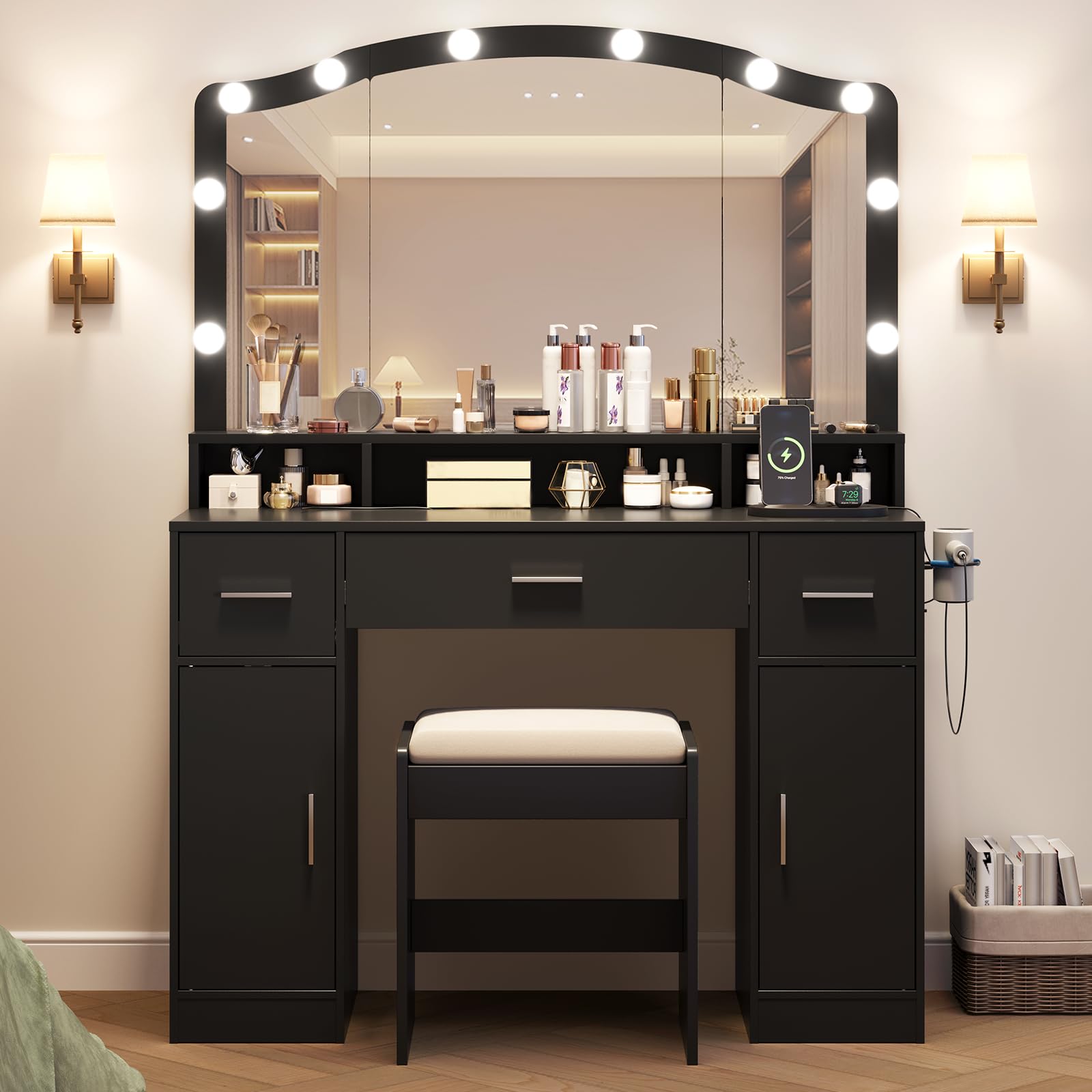 Patikuin Modern Makeup Vanity Table Set with LED Lighted Mirror, 3 Drawers, 2 Cabinets, Charging Ports, Cushioned Stool - Storage Desk for Girls and Women Bedroom or Playroom - Black