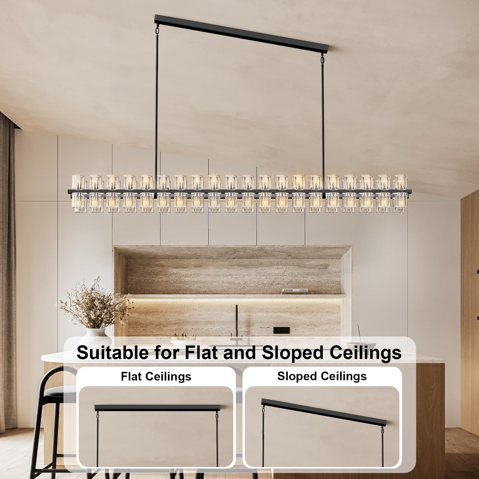Plsintly Crystal Black Rectangular Chandelier Light Fixture,72 in Large Dining Room Chandelier Over Table,Modern Chandeliers for Living Room,Arcachon Chandeliers,Kitchen Island,Includes 80xG4 Bulbs