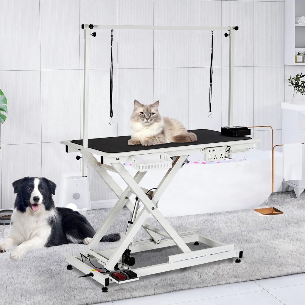GarveeTech 50" Dog Grooming Table, Electric Hydraulic Grooming Table for Large Dogs or Small Dogs, Aluminium Overhead Arm, Anti Slip Tabletop, 6 USB Ports, Home & Salon Use, Max Capacity 330Lb, White
