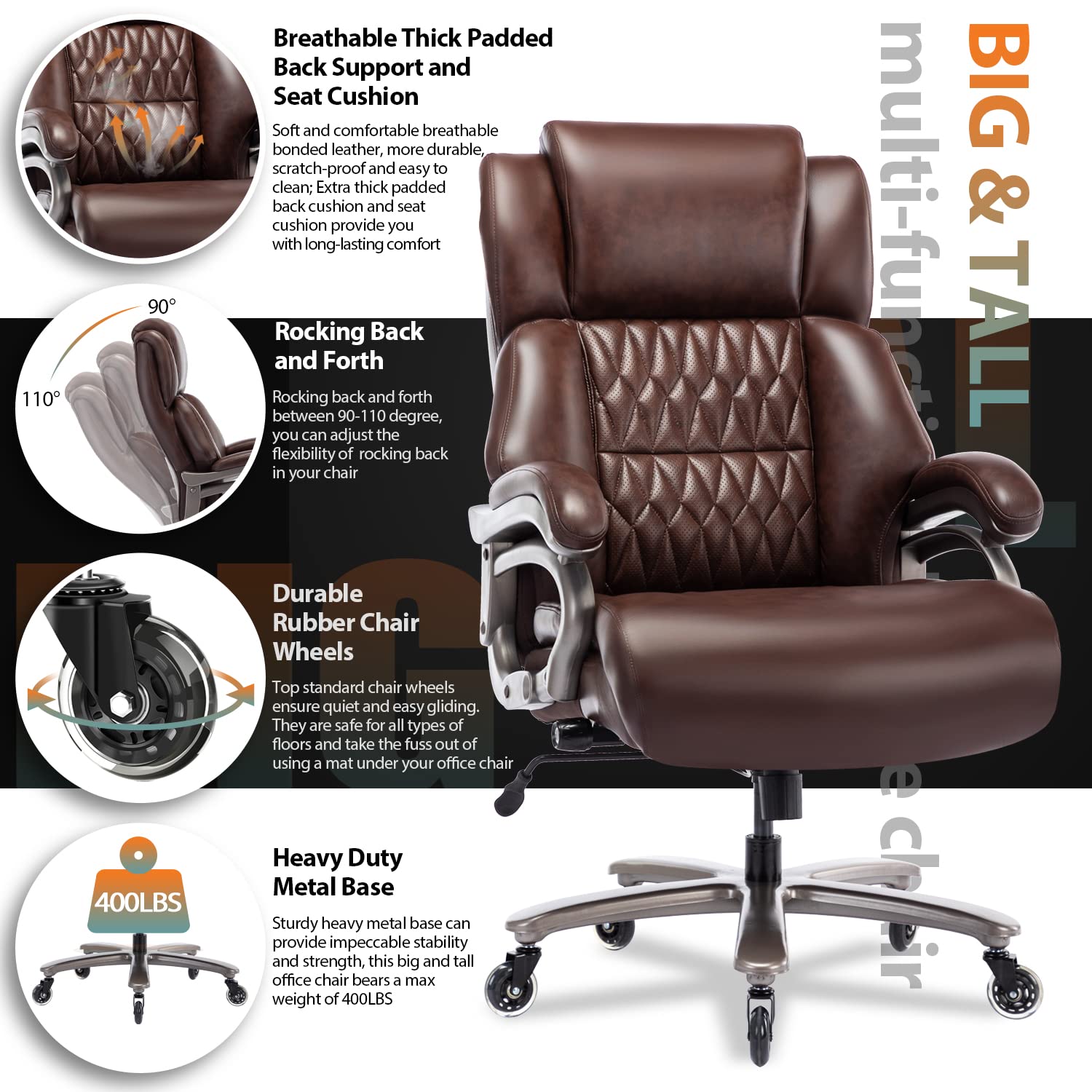 Big and Tall 400lbs Office Chair - Adjustable Lumbar Support Quiet Rubber Wheels Heavy Duty Metal Base, High Back Large Executive Computer Desk, Thick Padded Ergonomic Design for Back Pain