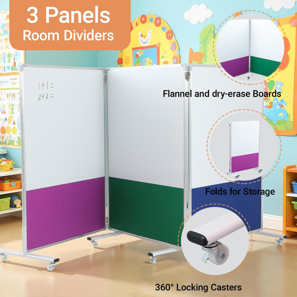 AmazingSpark Set of 3 Classroom Dividers for Room Separation, 4 x 8 ft Short Play Panels for Room Divider, Double-Sided Magnetic Dry Erase Board and Felt Board for Preschool(Bright)
