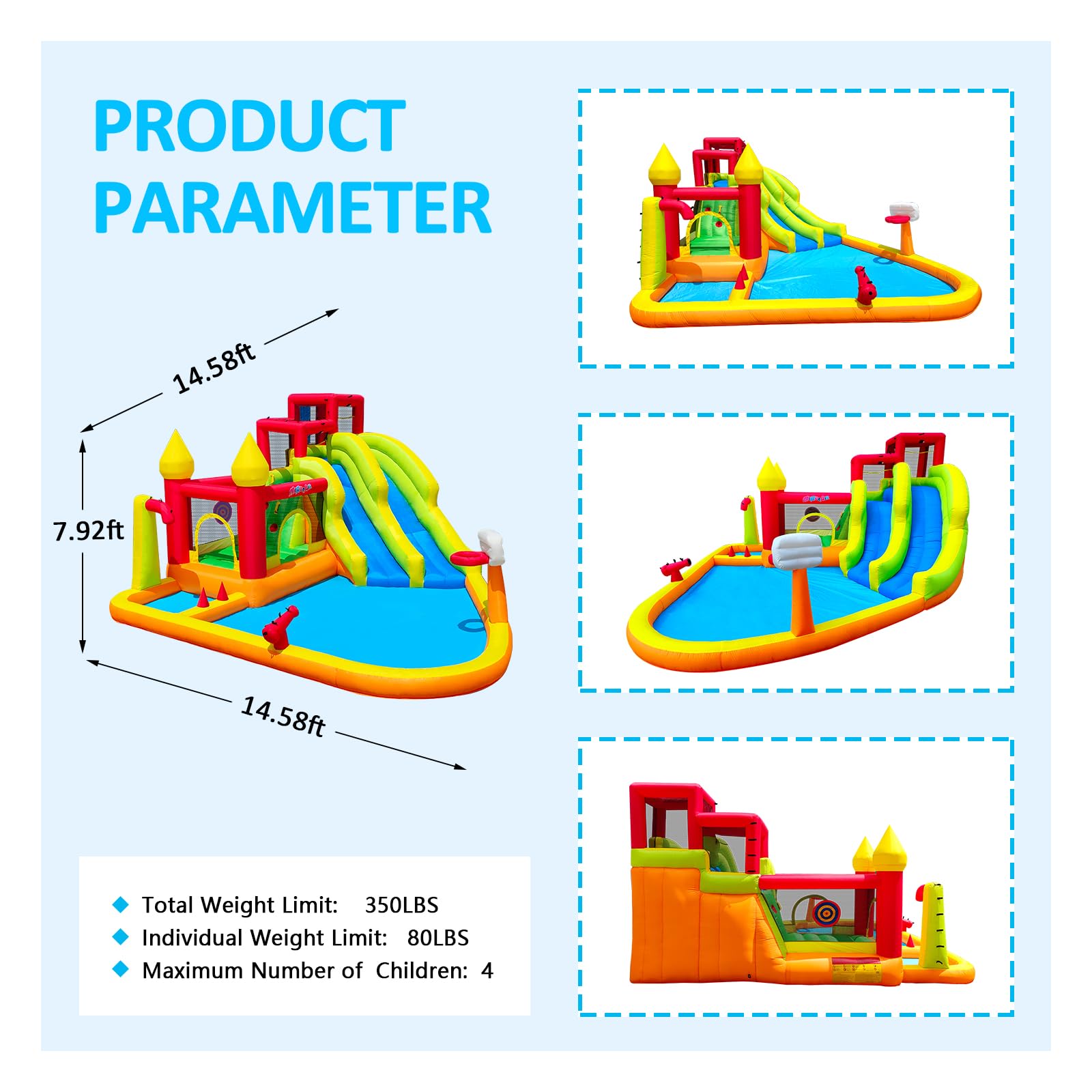 MIRUNAIR Inflatable Bounce House with Slides, Inflatable Water Slide for Kids Backyard, Bounce Water Prak with Air Blower, Splash Pool, Water Cannon, Climbing Wall, Outdoor Backyard Water Park