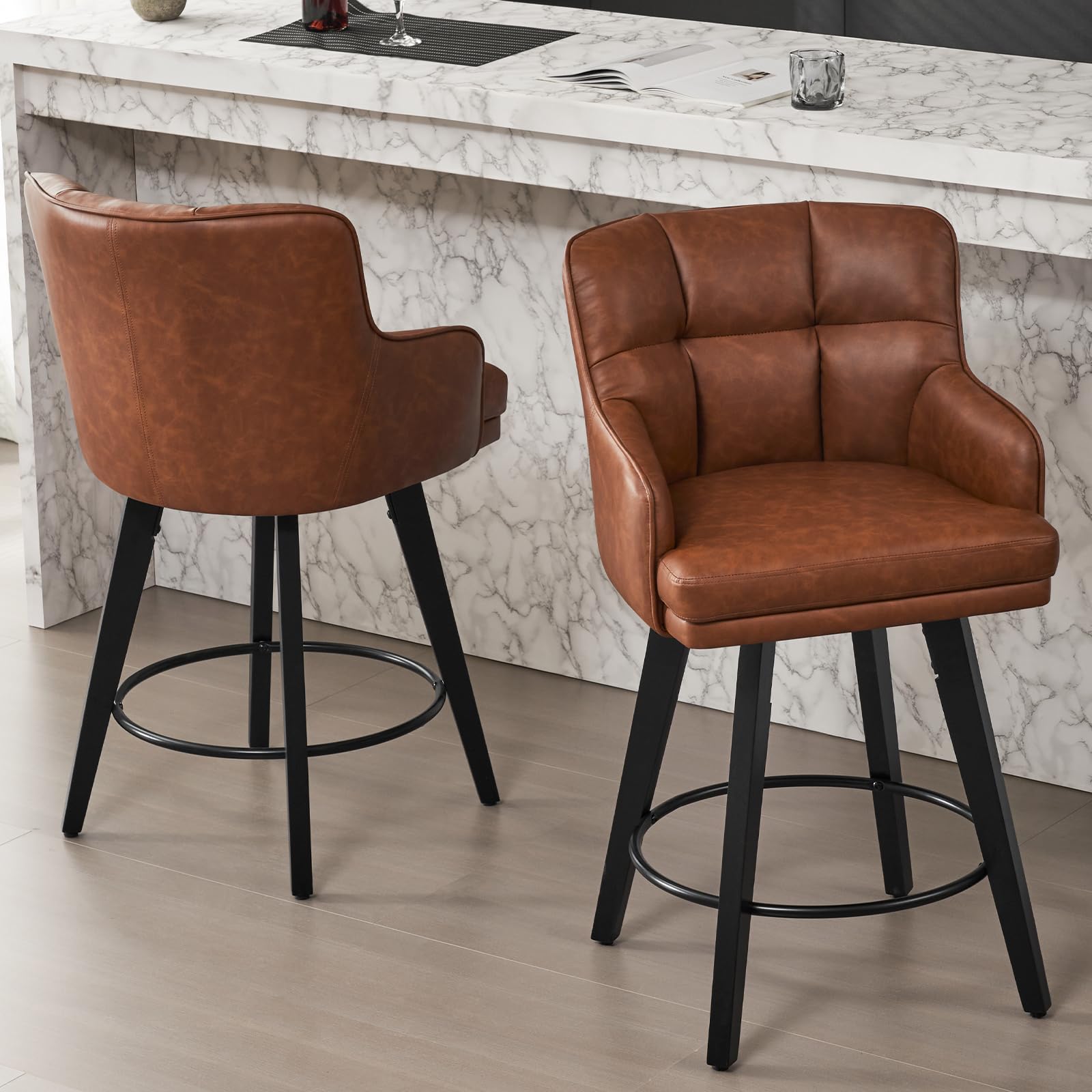 SAECKBERG 360°Swivel Counter Height Bar Stools with Back, 26 inch Solid Wood Legs, Bar Stool Modern Kitchen Island Chairs, Faux Leather (Brown- Faux Leather, 26" H- Set of 2)