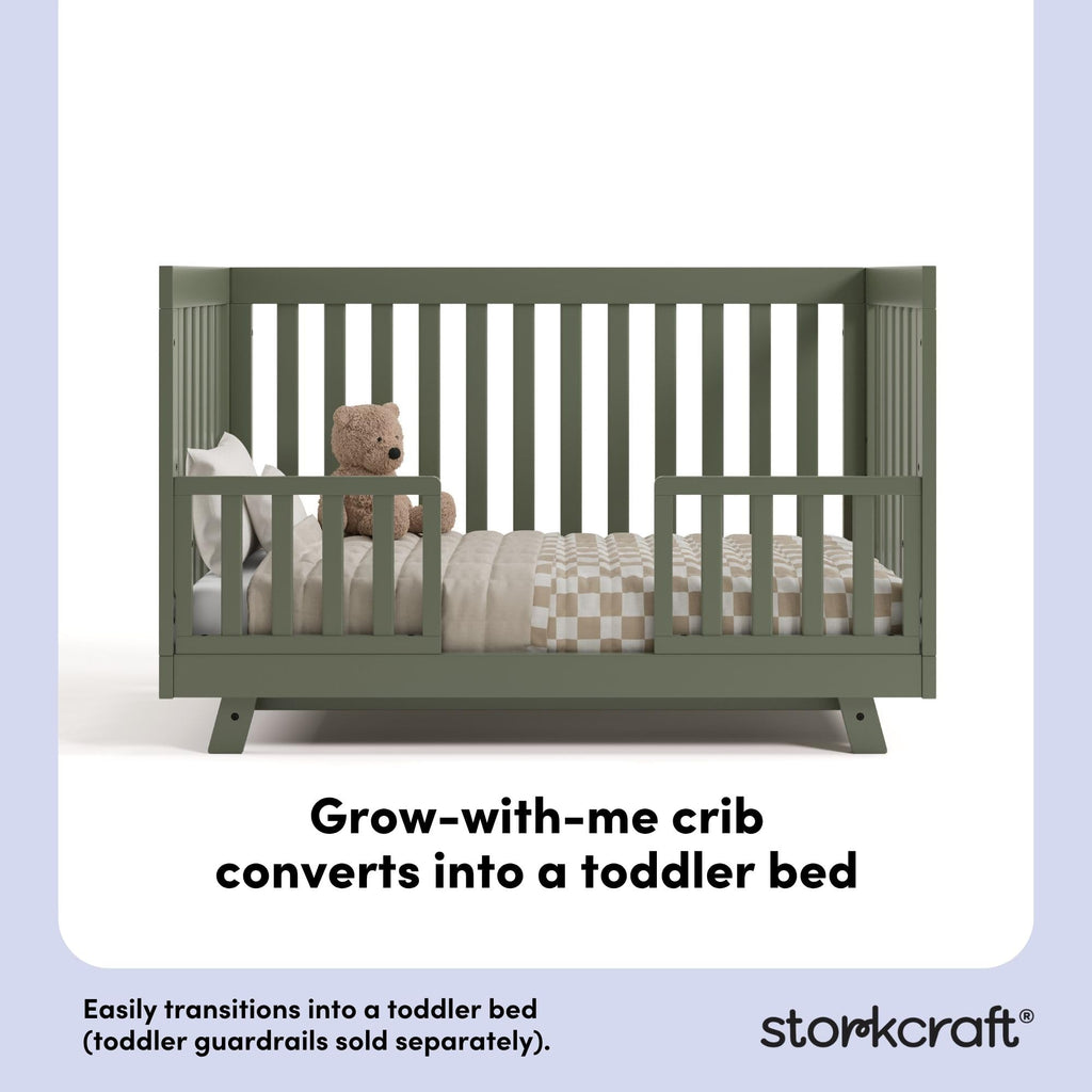 Storkcraft Beckett 3-in-1 Convertible Crib – GREENGUARD Gold Certified, Fits Standard Crib Mattress, Converts to Toddler Bed and Daybed, 4 Mattress Heights, Grow-with-Me Design (Olive)