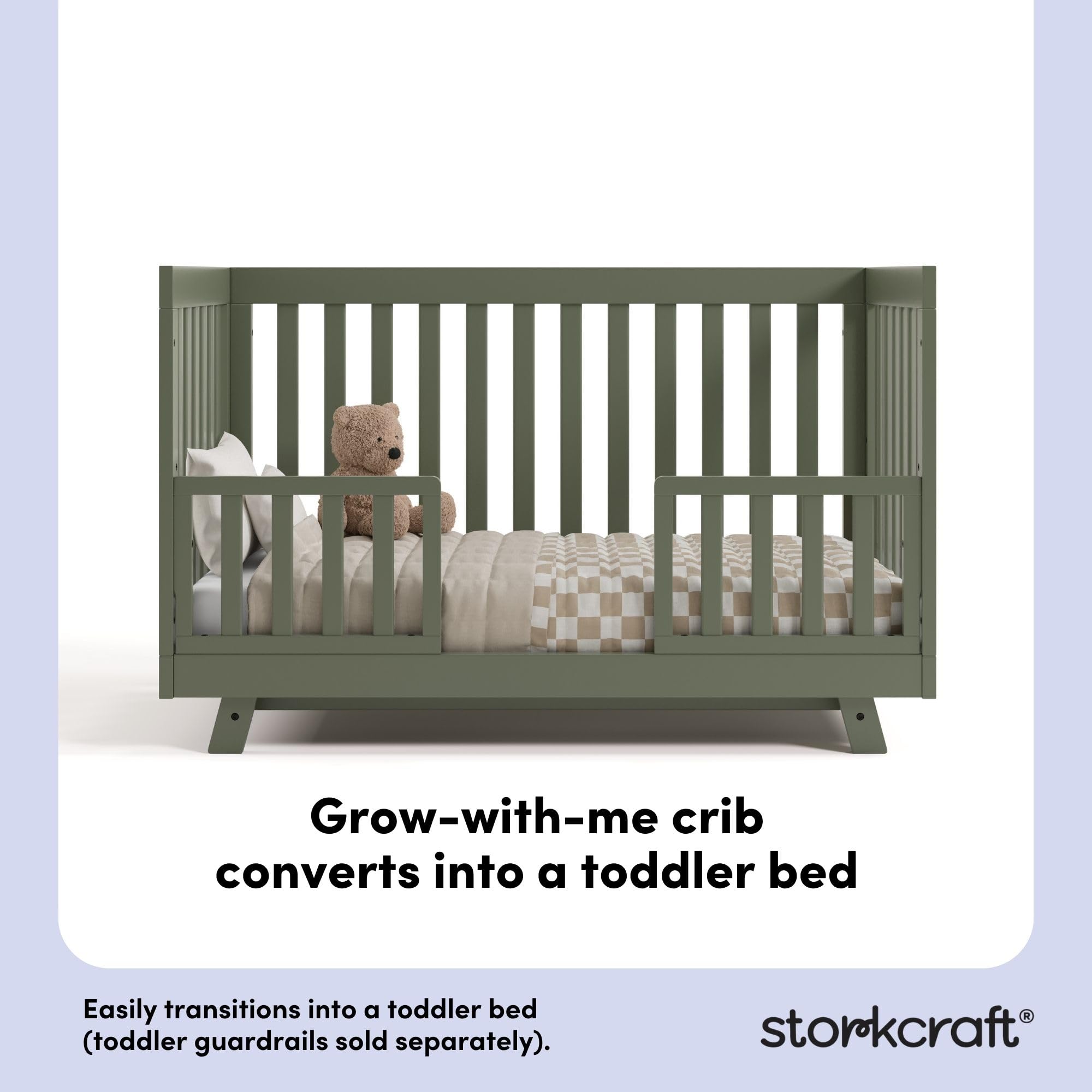 Storkcraft Beckett 3-in-1 Convertible Crib – GREENGUARD Gold Certified, Fits Standard Crib Mattress, Converts to Toddler Bed and Daybed, 4 Mattress Heights, Grow-with-Me Design (Olive)