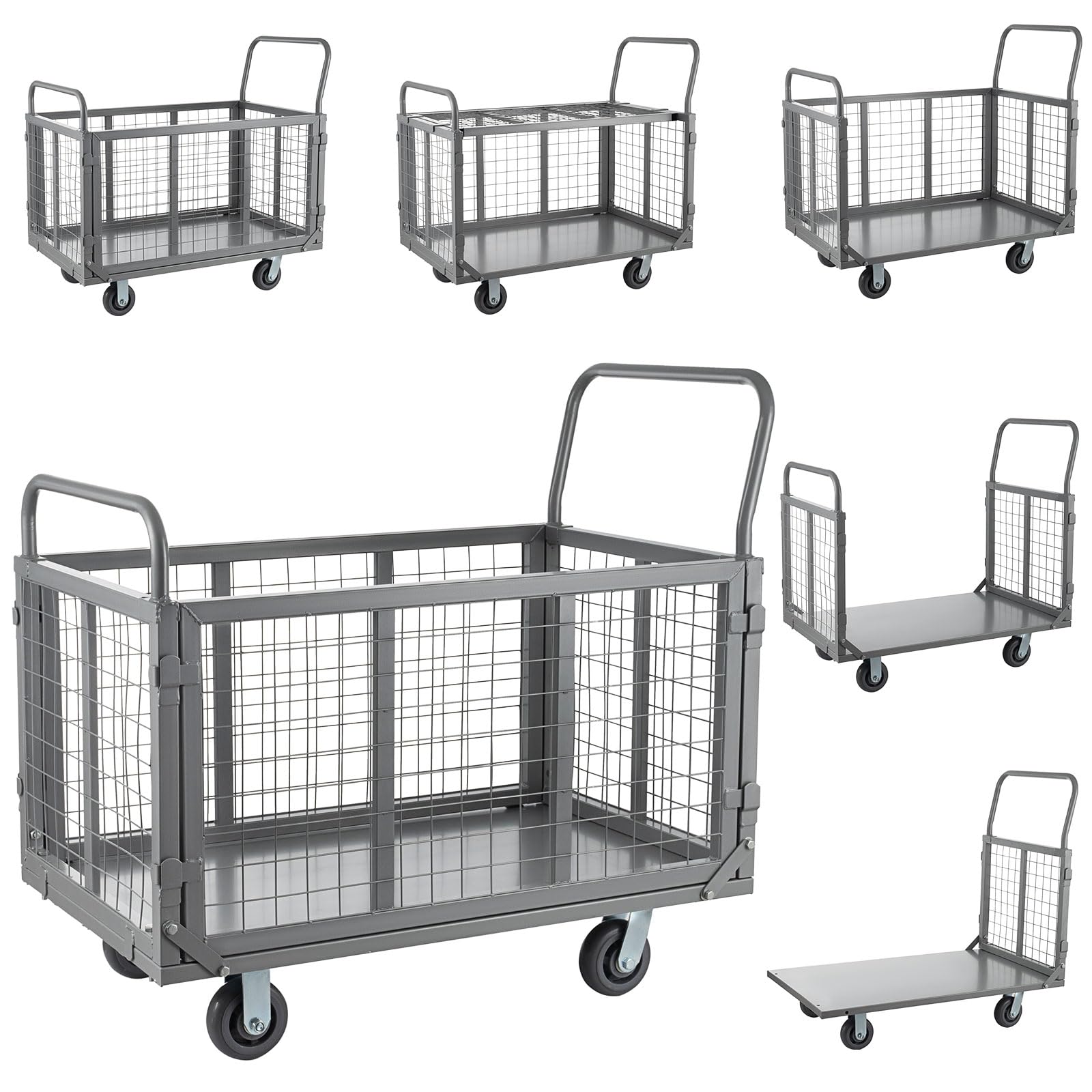 SmarketBuy Platform Truck Cart with Cage, 5 in 1 Heavy Duty Platform Carts with Cage 2000 LBS Capacity Foldable Push Cart Dolly with 5" Casters for Groceries/Garage/Warehouse