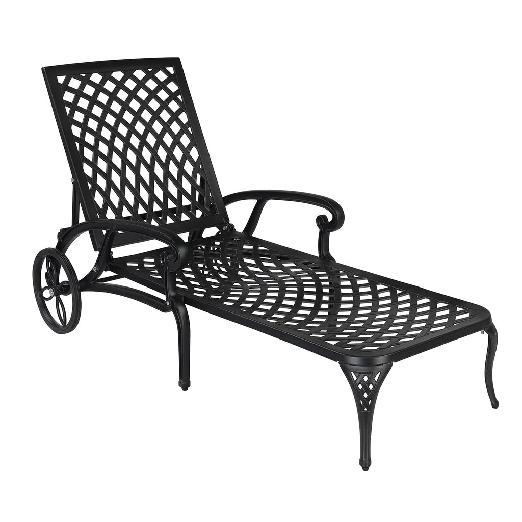 VINGLI Cast Aluminum Outdoor Chaise Lounge Chair with Wheels, Patio Chaise Lounges with 3-Position Adjustable Backrest, Pool Lounge Chair Reclining Chairs for Poolside Tanning (1, Black)