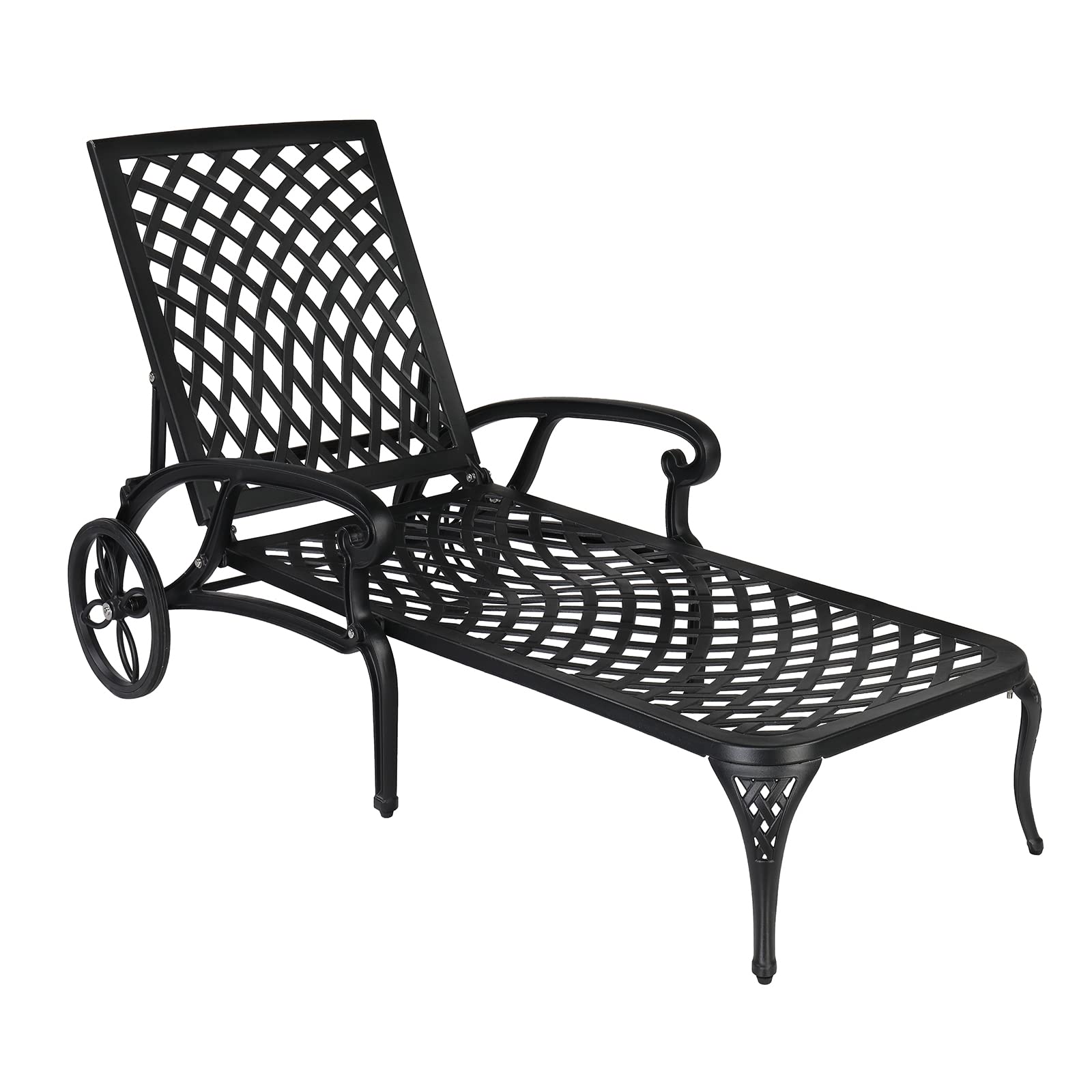 VINGLI Cast Aluminum Outdoor Chaise Lounge Chair with Wheels, Patio Chaise Lounges with 3-Position Adjustable Backrest, Pool Lounge Chair Reclining Chairs for Poolside Tanning (1, Black)